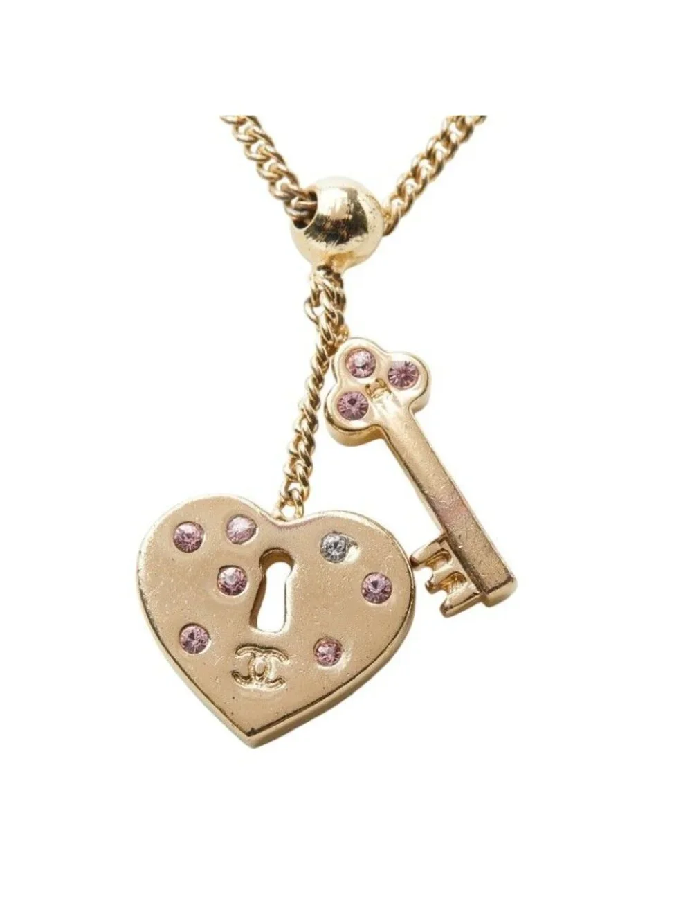 Chanel CC Logo Heart Key Necklace Gold Pink Plated Rhinestone